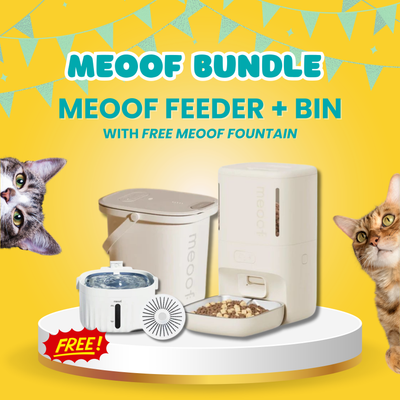 MEOOF BUNDLE - MEOOF FEEDER AND VACUUM BIN WITH FREE WIRELESS FOUNTAIN
